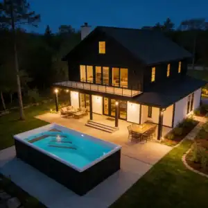 Dynasty Aquora above ground plunge pool lit at night beside a patio and house