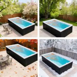 Dynasty Aquora plunge pool shown in spring, summer, fall, and winter