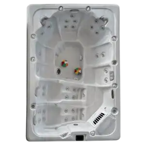 Top-down view of a large hot tub seating layout with multiple seats and hydrotherapy jets