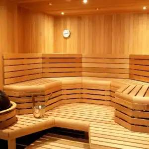 Custom cut Nordic spruce wood interior of a Finnleo sauna