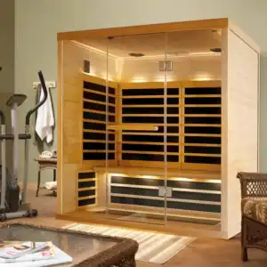 Finnleo far infrared sauna with carbon heating panels in a home gym
