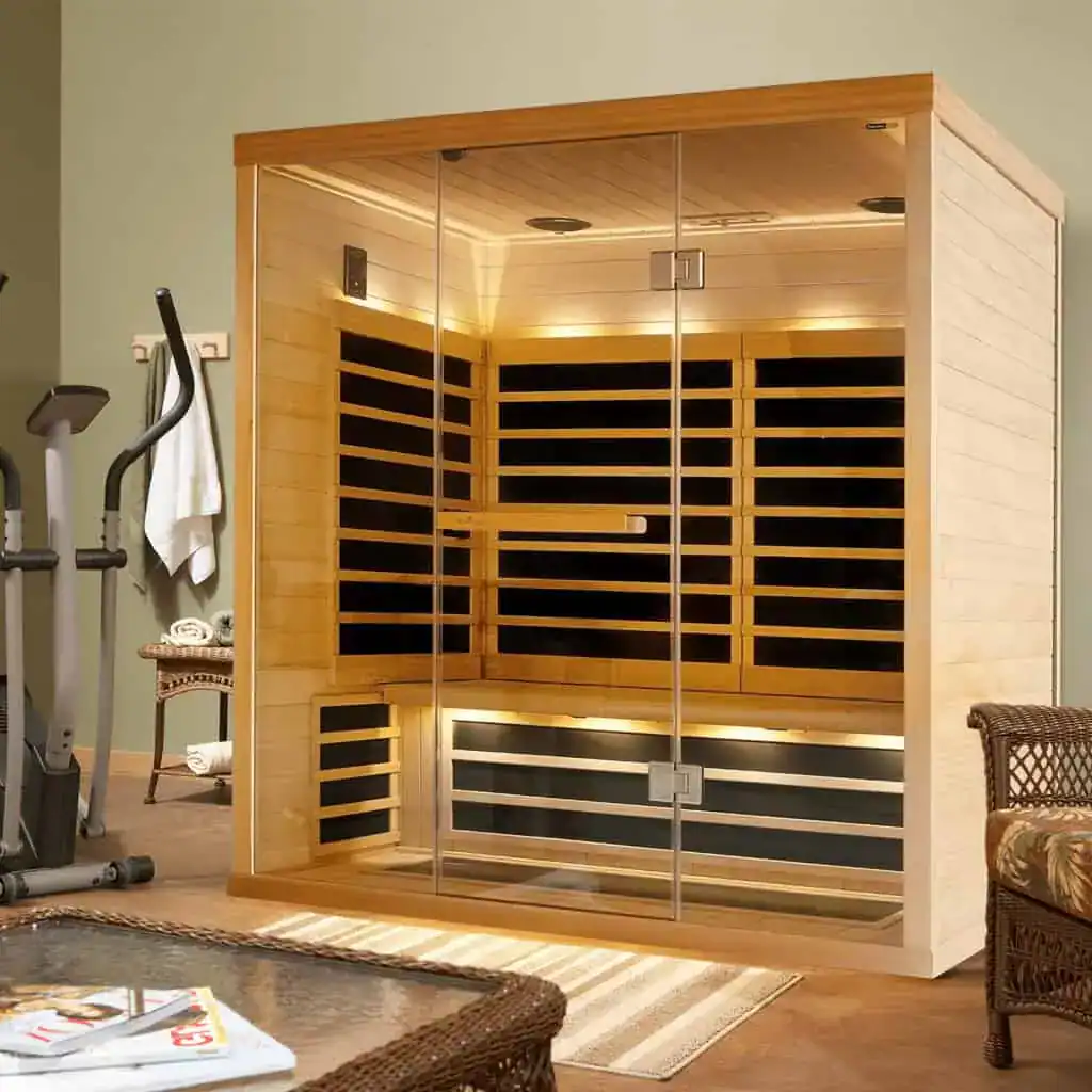 Finnleo infrared sauna cabin with wood interior and glass door