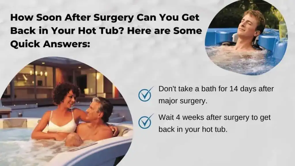 Infographic answering how soon after surgery you can get back in your hot tub: no baths for 14 days after major surgery, wait 4 weeks before returning to the hot tub