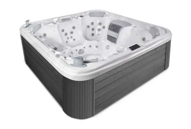 Wellis Mont Blanc hot tub corner view with sterling silver shell and grey cabinet