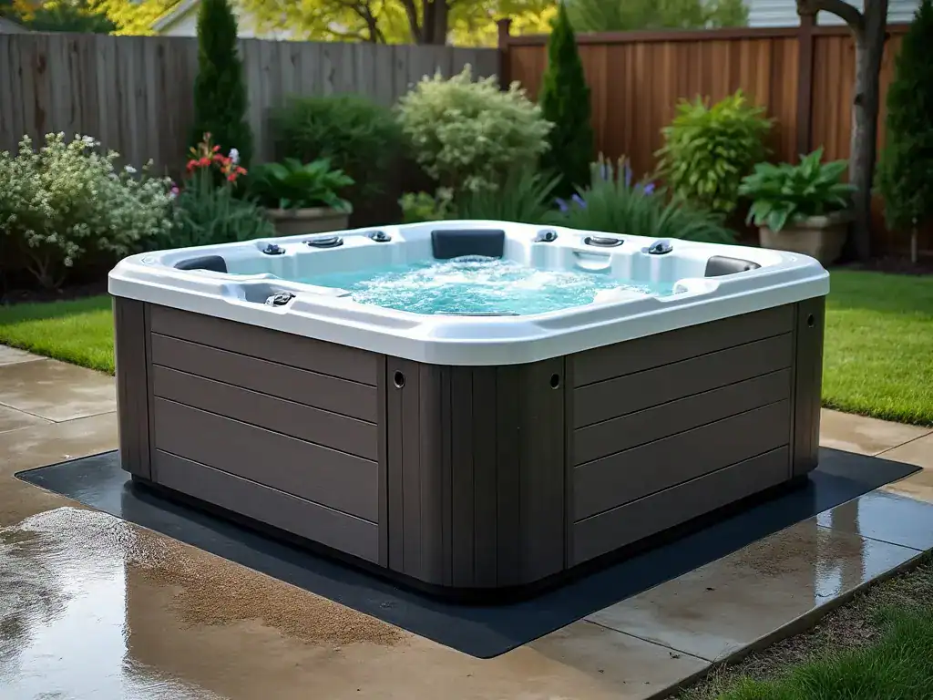 Water pooled on the patio around a hot tub base, worth checking whether it is splash-out, evaporation runoff, or a leak